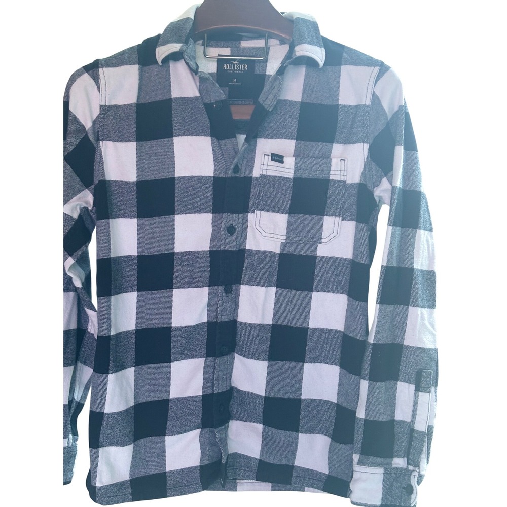 Hollister Black‎ White Buffalo Plaid Flannel Button Down Shirt Womens Medium